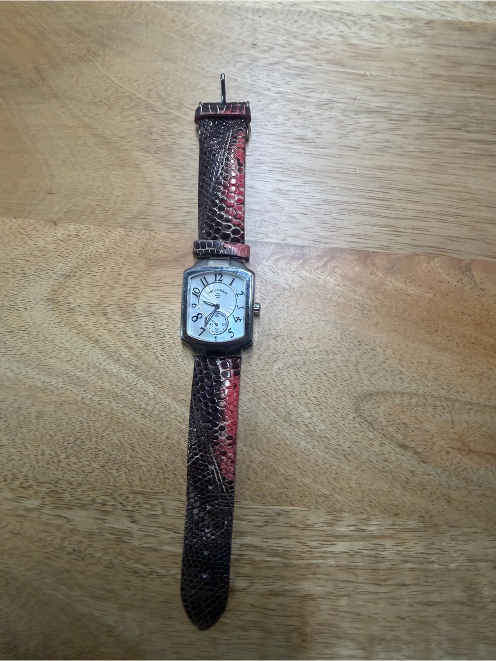 Philip Stein Watch Red Textured Leather Strap Watch Classic Silver Dial